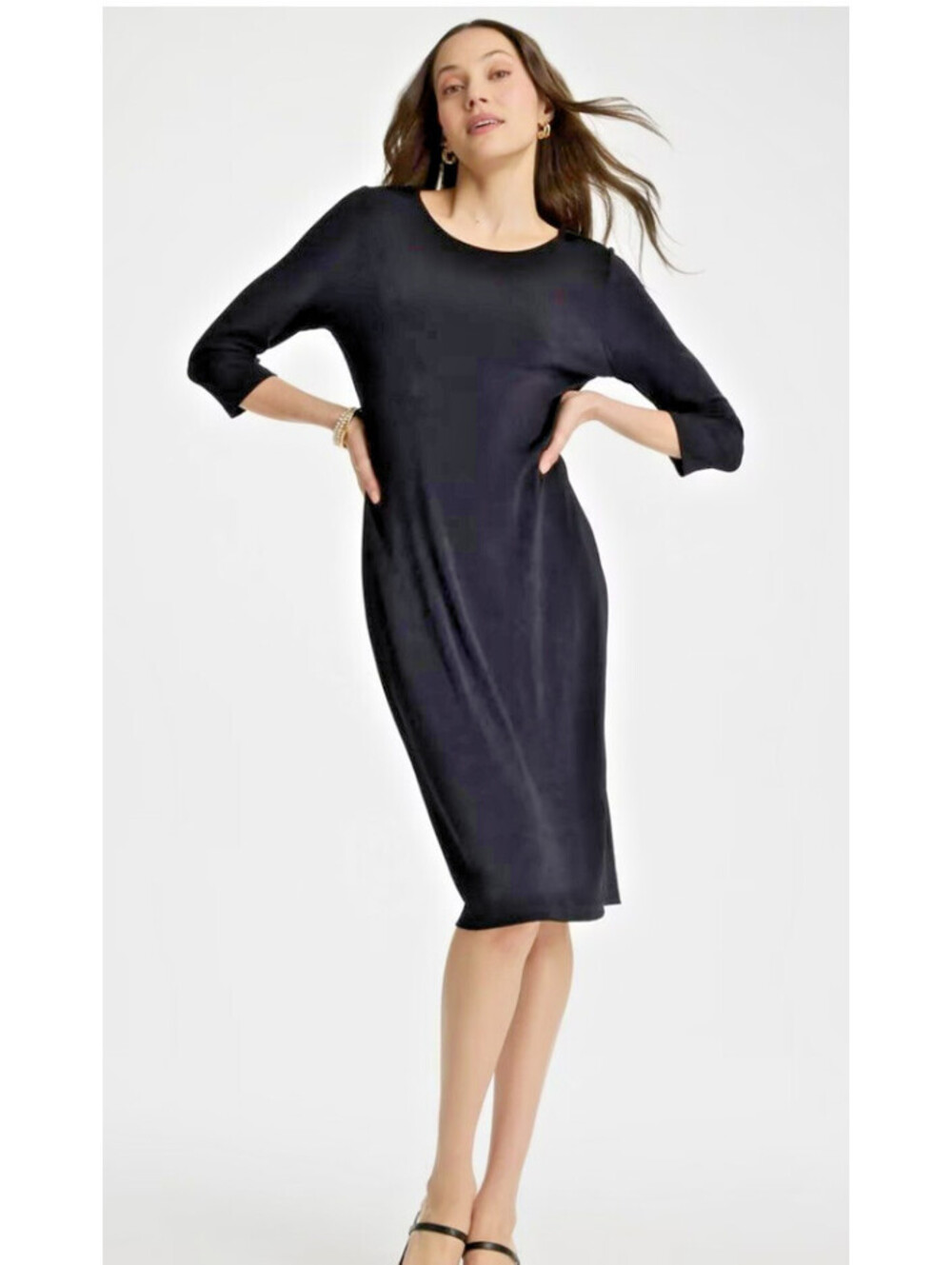 $99 NWT Chicos Travelers Black Pullover Stretch Midi Dress 3/4 Sleeve Sz 3 / XL